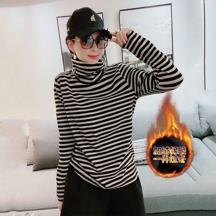 欧货2024新款百搭经典条纹加绒加厚打底衫女新款宽松显瘦减龄上衣