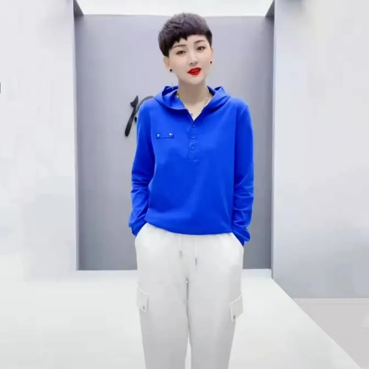 欧洲站洋气减龄春秋新款纯棉连帽t恤女卫衣宽松显瘦长袖上衣女潮