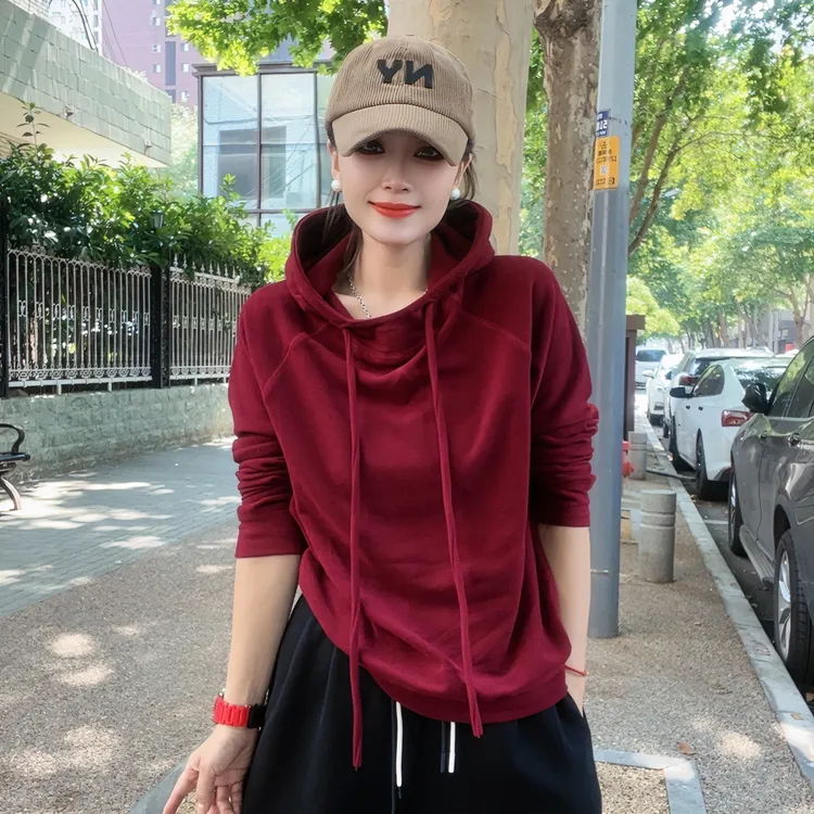 双面绒秋冬新款温婉气质春秋舒适款连帽卫衣女纯色口袋百搭休闲