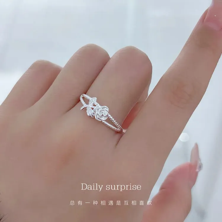 足银戒指 纯银戒指女990小众设计时尚玫瑰花朵简约食指戒素圈指环
