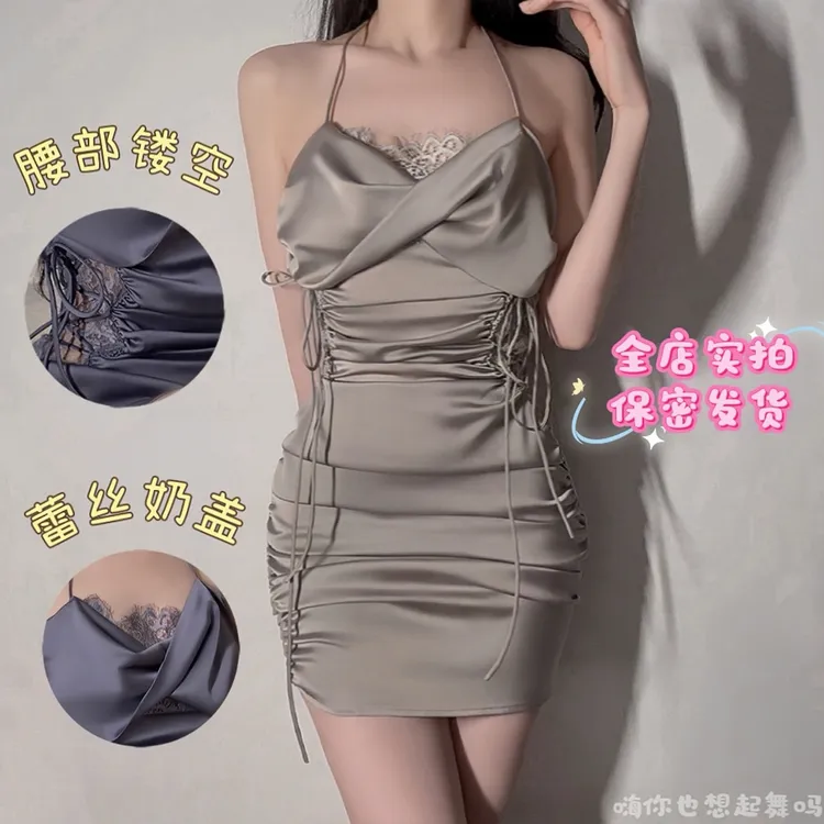 大码蕾丝奶盖冰丝缎面睡裙春夏新款约会褶皱纯欲风性感吊带睡衣