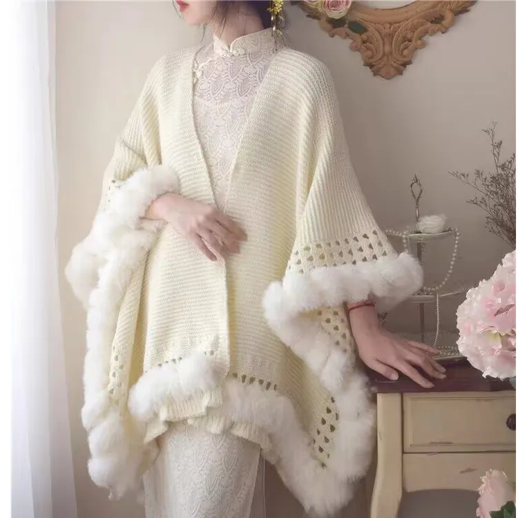 秋冬旗袍披肩外搭斗篷毛毛针织厚款长款大尺寸纯色新中式国风复古