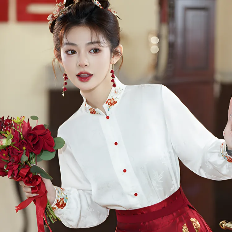 国风配马面裙上衣结婚长袖春款刺绣改良汉服立领衬衣新中式衬衫女