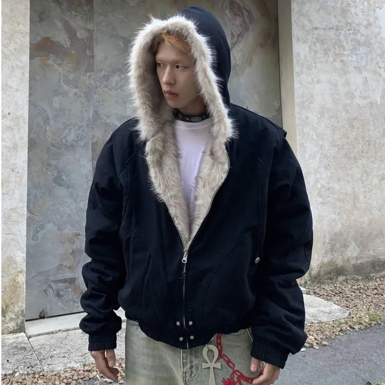 Uekk「谁的座山雕」加厚毛绒外套男cleanfit重磅帆布棉衣服夹克外套