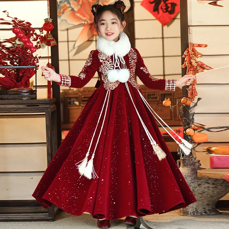 咔嫚儿女童汉服加绒加厚中国风拜年服古风儿童礼服表演服红色长袖