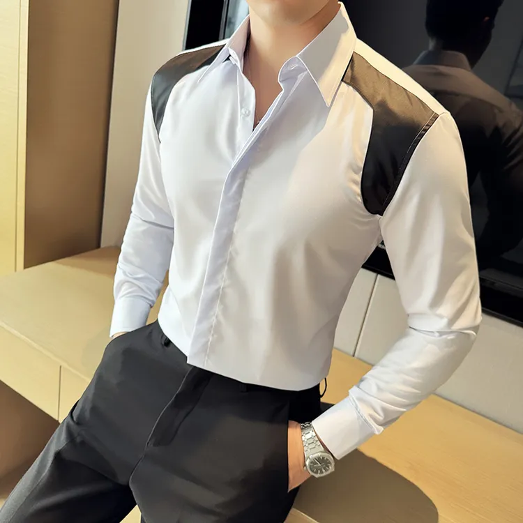 英伦大领衬衫男长袖薄款潮流帅气修身休闲立领纯色衬衣男士痞帅