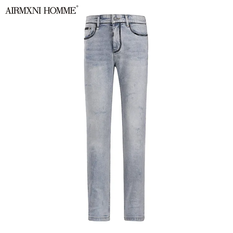 AIRMXNIHOMME四季款蓝色手绘高档水洗高档修身小直筒男士牛仔裤