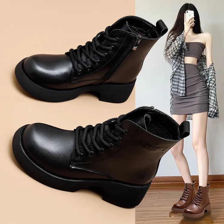 真皮马丁靴女2024秋冬加绒韩版后拉链瘦瘦女靴子复古短靴靴子女靴