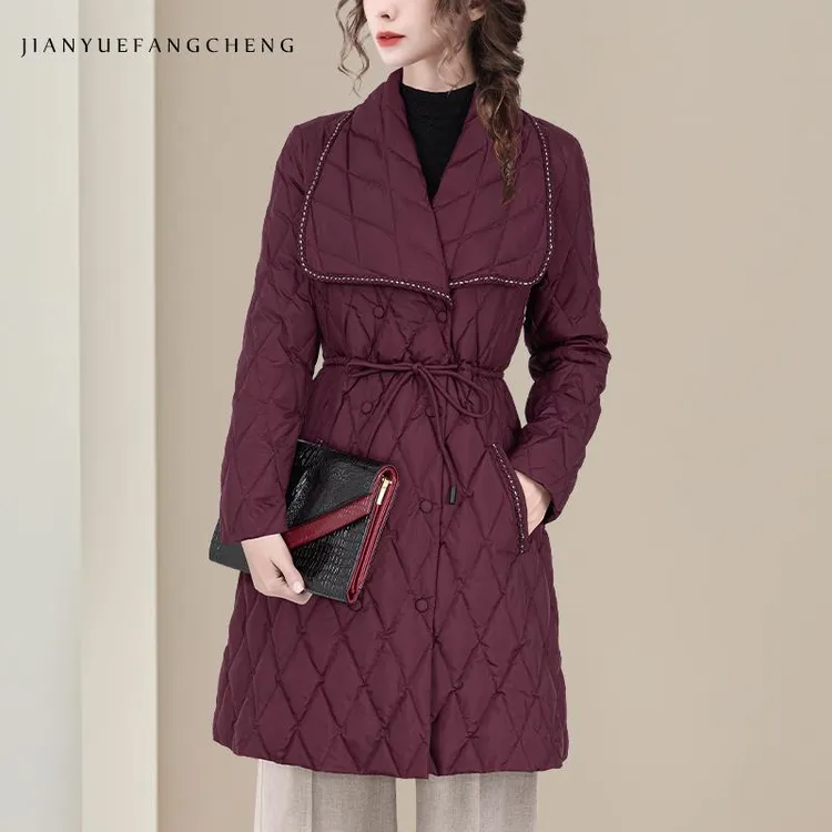 秋冬大翻领修身白鸭绒保暖羽绒服外套女中长款收腰羽绒衣WH243732