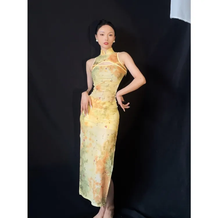 SOSO佳古风旗袍青花瓷舞蹈表演显瘦无袖旗袍风国风爵士古典舞蹈服