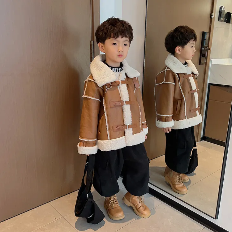 儿童装男童加绒皮衣外套冬季2025新款加厚洋气皮毛一体皮夹克冬装