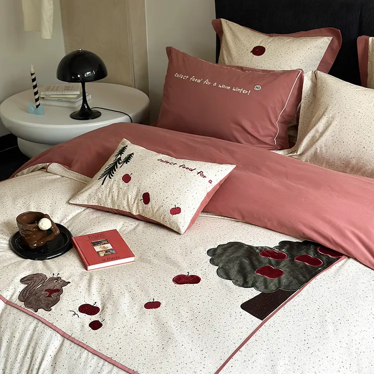 喜梦 新款全棉加厚磨毛四件套刺绣可爱小清新纯棉床单被套床品