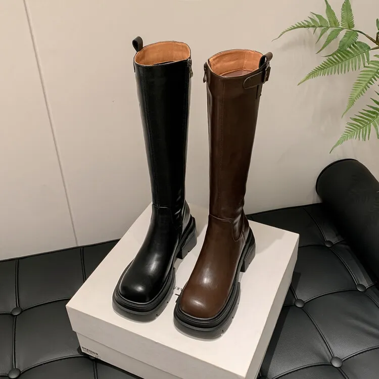 长靴 跟高6cm/牛皮/34-40秋冬季时尚粗跟纯色小个子女靴高筒真皮