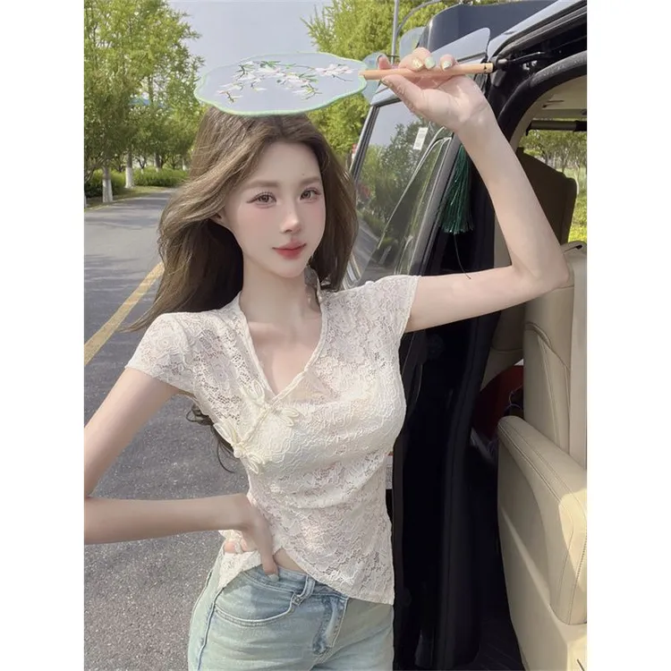 新中式国风v领不规则开叉修身短袖T恤女夏季设计感短款甜辣妹上衣
