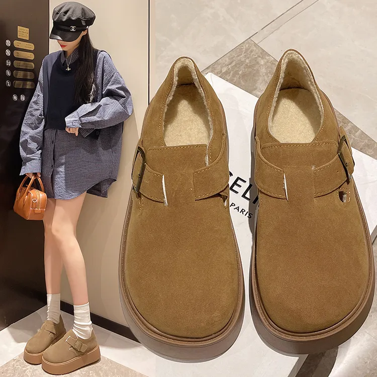 复古全包勃肯鞋女2024冬季新款厚底松糕百搭增高一脚蹬博肯棉鞋女