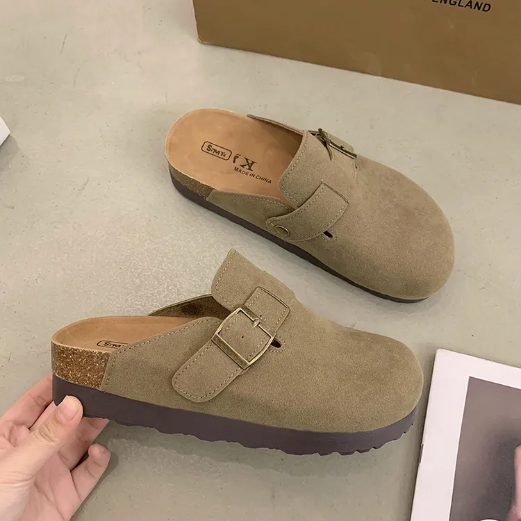 复古搭扣包头博肯半拖女外穿2024秋季新款舒适懒人鞋厚底勃肯拖鞋
