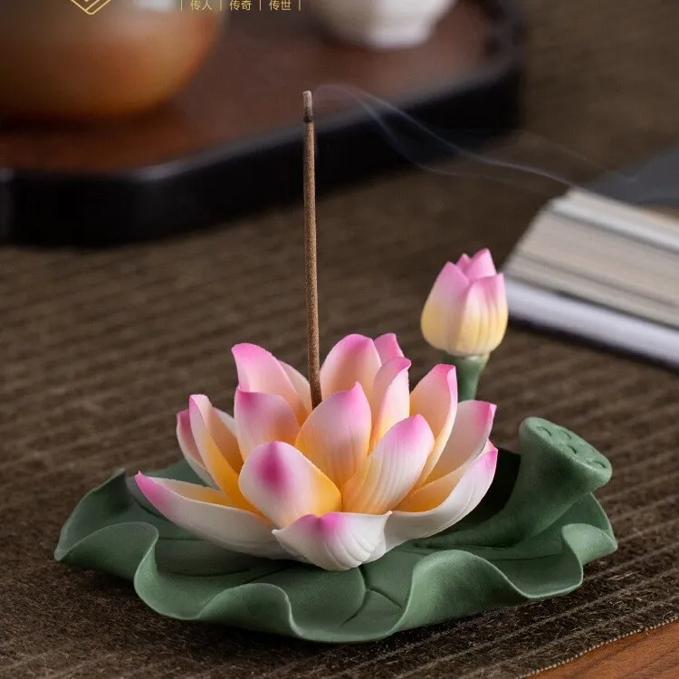 中式李国林手工陶瓷莲花香插摆件创意纯手工禅意个性茶道多色茶室