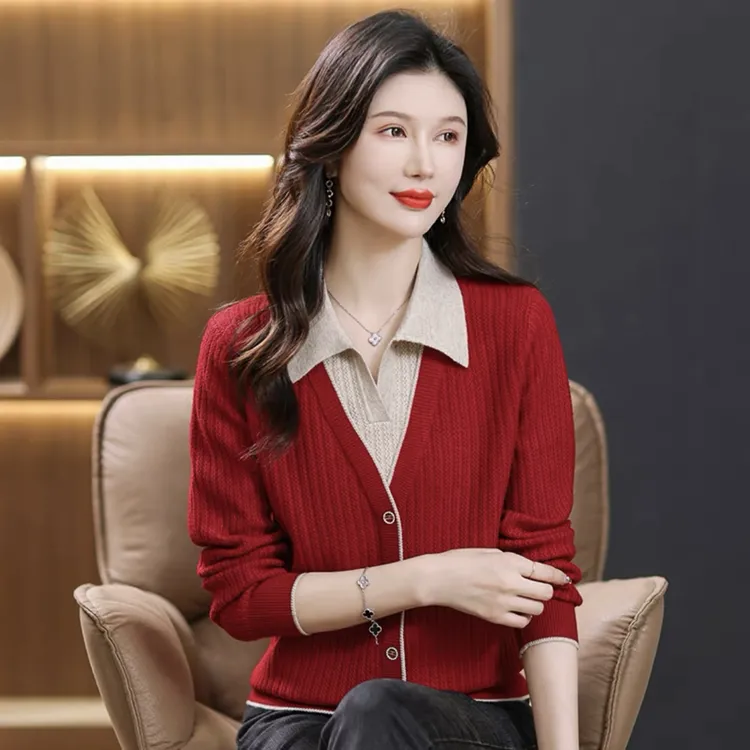 【新年红毛衣】现货高品质秋冬保暖毛衣女新款时尚衬衫领假两件毛衫