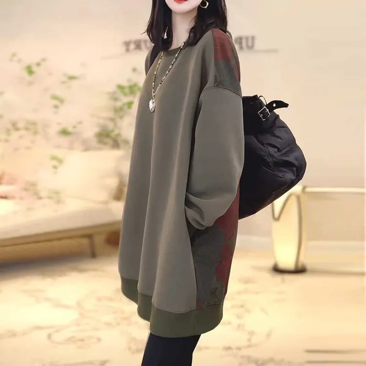 中长款圆领卫衣女士秋冬国风复古印花休闲保暖宽松遮屁股上衣