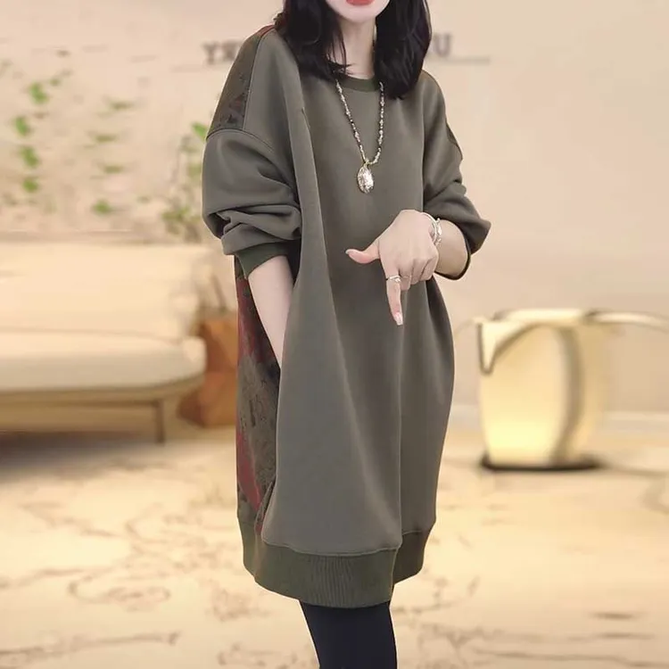 欧货韩版加厚中长款卫衣女秋冬季新款内搭宽松显瘦洋气质拼接上衣