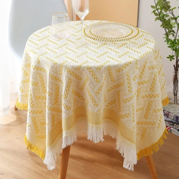 [90*90黄白T]法式圆桌桌布轻奢野餐餐桌防尘盖巾台布电视盖