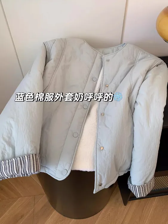 冬季蓝色加绒保暖棉服韩系时尚百搭外套棉袄面包服轻薄棉衣上衣
