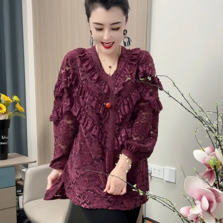 【1057】蕾丝休闲衫 高端欧货时尚气质V领多层蕾丝宽松大码休闲衫