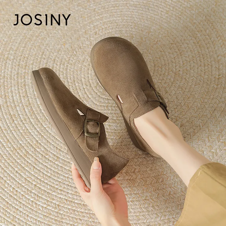 卓诗尼加绒全包勃肯鞋2025秋冬女款一脚蹬单鞋复古平底百搭小皮鞋