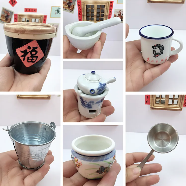 迷你厨房福字缸餐桌摆件小水缸带盖迷你茶杯水桶菜缸玩具摆件配件