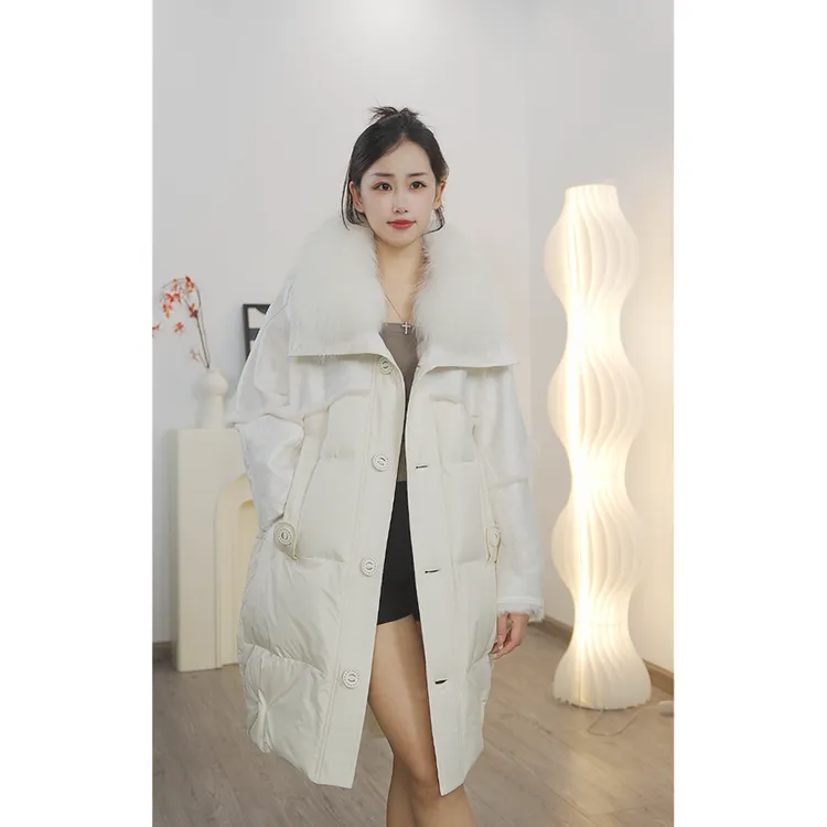 【柏林电影】CC809 设计师皮草大衣鹅绒女中长款真皮毛一体貉子毛领