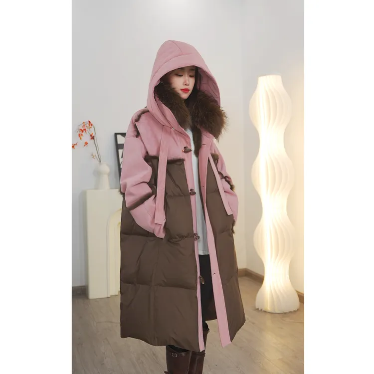 【落日霞光】2025设计师皮草大衣鹅绒女中长款真皮毛一体貉子毛领