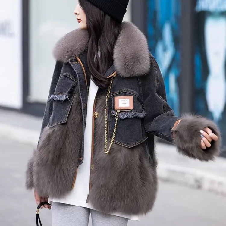 牛仔狐狸毛皮草毛毛年轻款大口袋毛外套女时尚鹅绒服牛仔外套正品