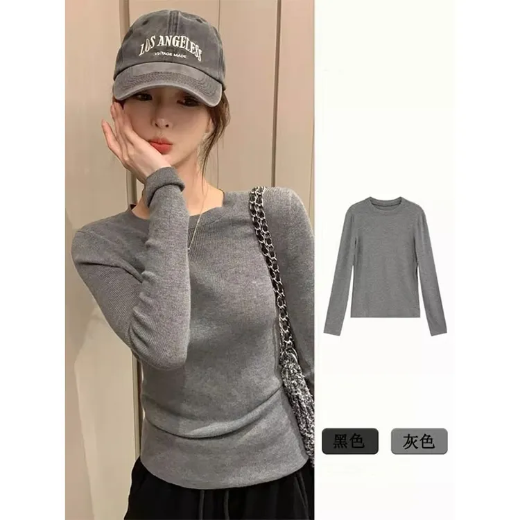 灰色圆领针织打底衫女2025早秋新款修身显瘦内搭毛衣独特别致上衣