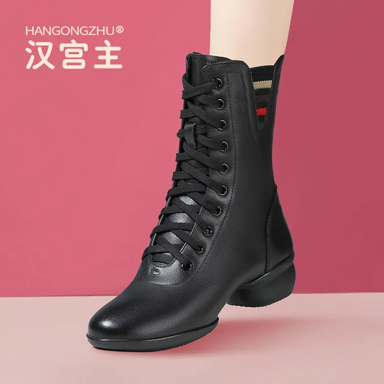 中跟厚底鞋女软底新款真皮广场舞鞋爵士四季跳舞鞋水兵舞蹈靴女士