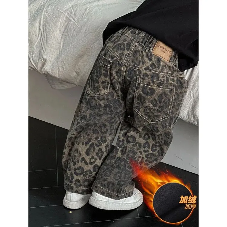 男童裤子秋冬款2024新款儿童豹纹牛仔裤痞帅男小童装男孩加绒长裤