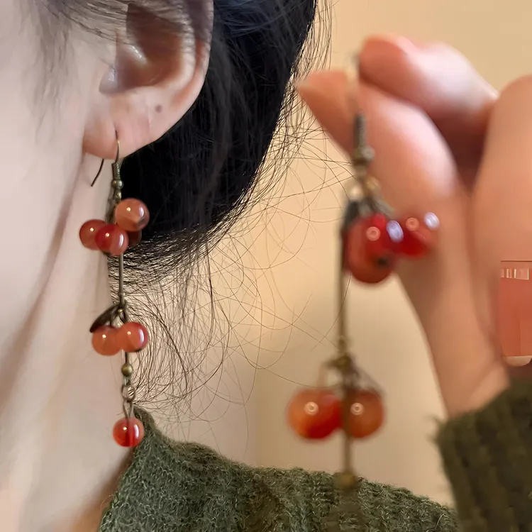 合金耳饰 中国风独特设计红果子耳环森系长款耳坠气质高级感耳饰