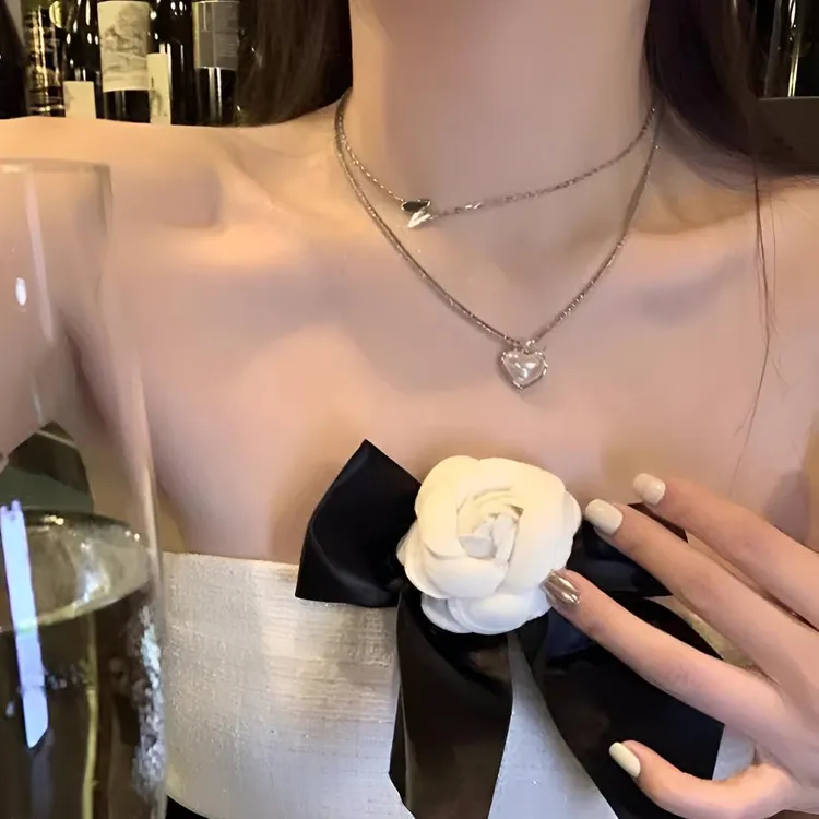 合金项链 甜心少女气质双层爱心珠珠蝴蝶项链女士时尚锁骨链颈链