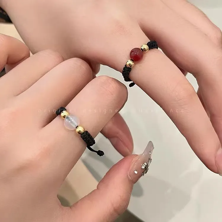 合金戒指 相思豆~编织戒指女轻奢设计感弹力转运珠尾戒送女友礼物