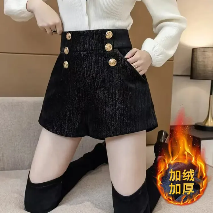 2025爆款金丝雪尼尔短裤女加绒时尚高腰A字双排扣阔腿裤百搭靴裤