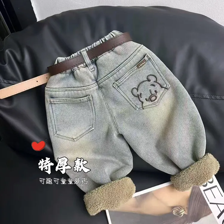 男女童冬季加绒加厚裤子2025新款儿童牛仔棉裤一条过冬加厚绒长裤