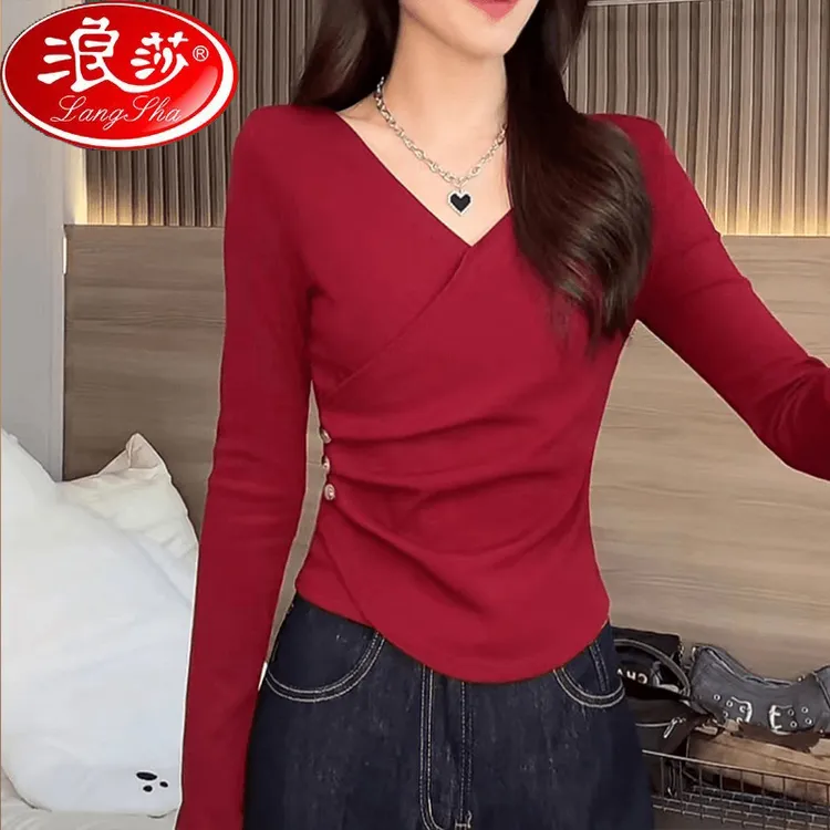 浪莎安可拉红秋冬季纯欲气质长袖t恤女时尚洋气外穿上衣打底衫女