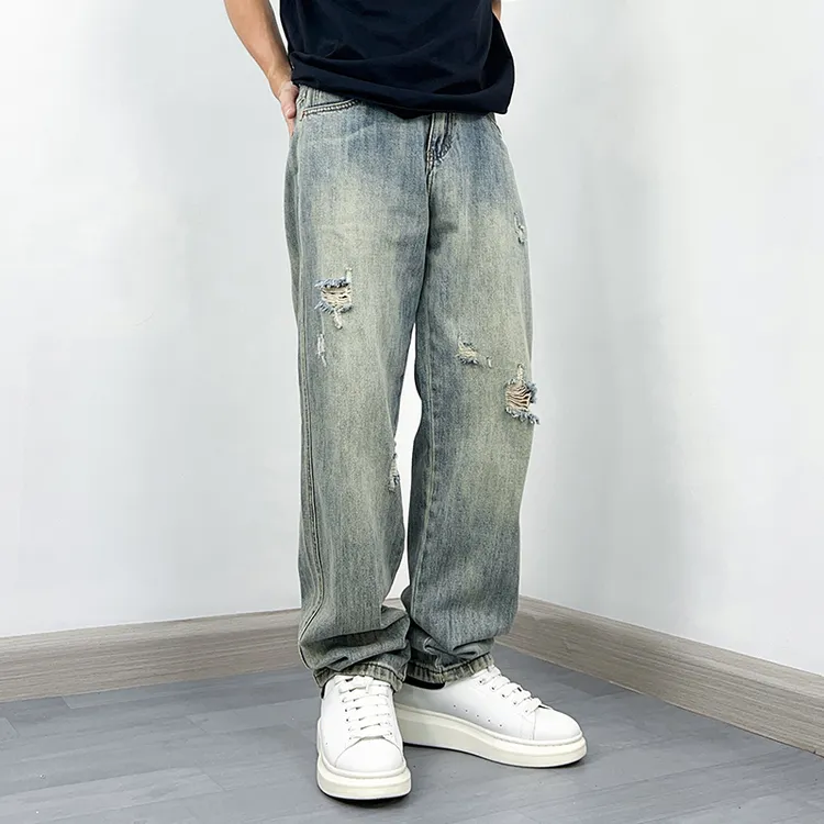 破洞直筒牛仔裤男夏季薄款美式潮牌大码宽松水洗复古休闲阔腿裤子