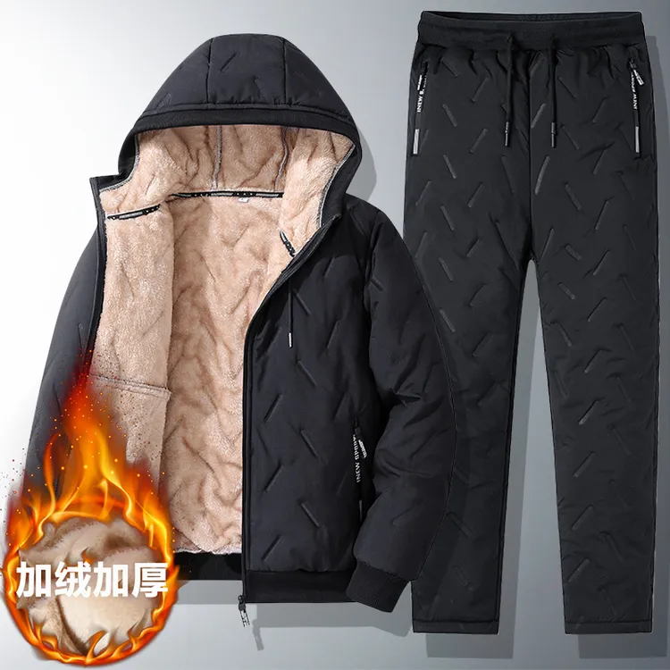 冬季羊羔绒外套连帽男士加绒加厚棉袄休闲棉服棉裤外穿防寒套装潮