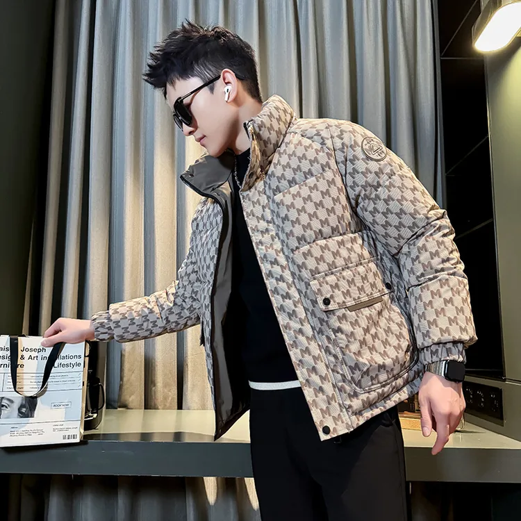 2024男装棉衣外套短款时尚休闲潮流加厚格子冬季字母印花立领棉袄