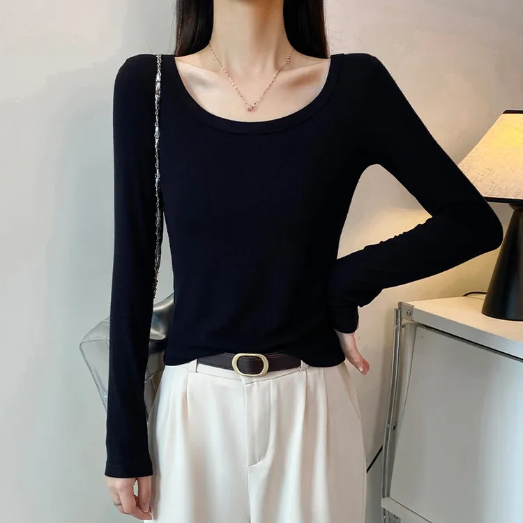 黑色螺纹圆领长袖t恤女春秋2025新款修身打底衫内搭u领显瘦上衣潮