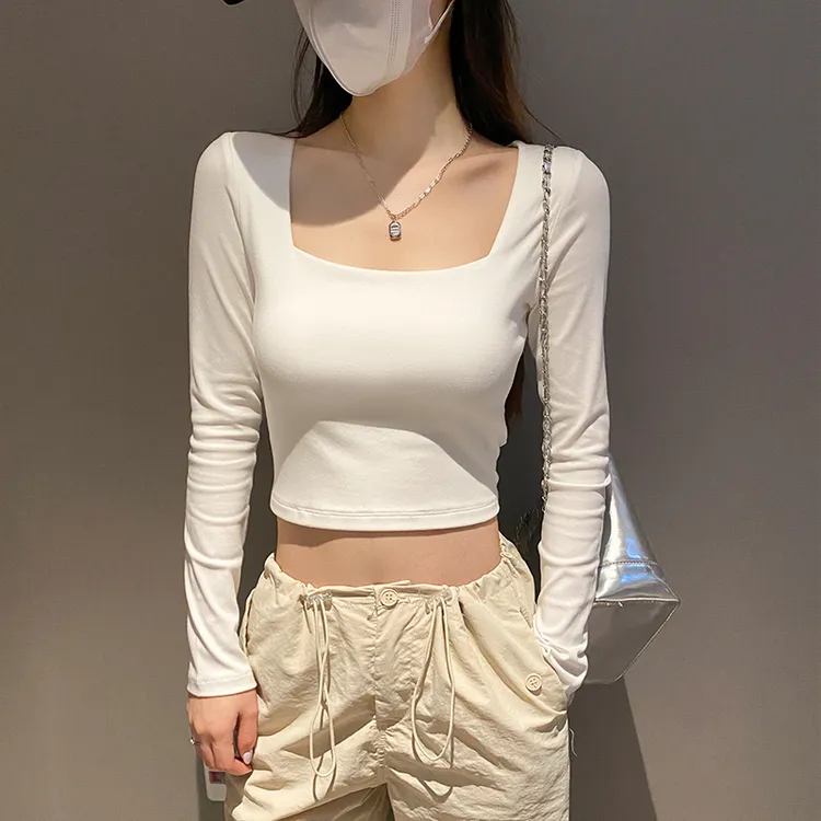 白色短款方领双面绒长袖t恤女春秋低领打底衫内搭紧身u领加厚上衣