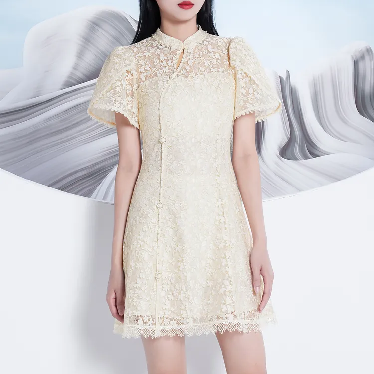 气质修身改良旗袍短袖显瘦中长款蕾丝连衣裙女装夏装2024新款遮肉