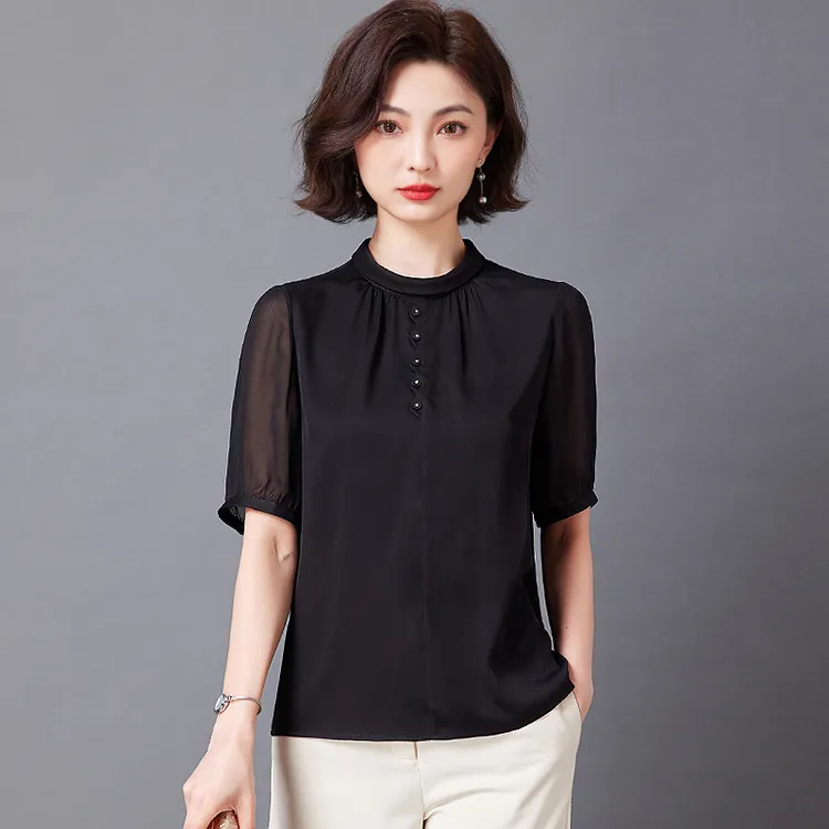 杭州重磅真丝上衣黑色短袖衬衫女士桑蚕丝衬衣2024夏季新款