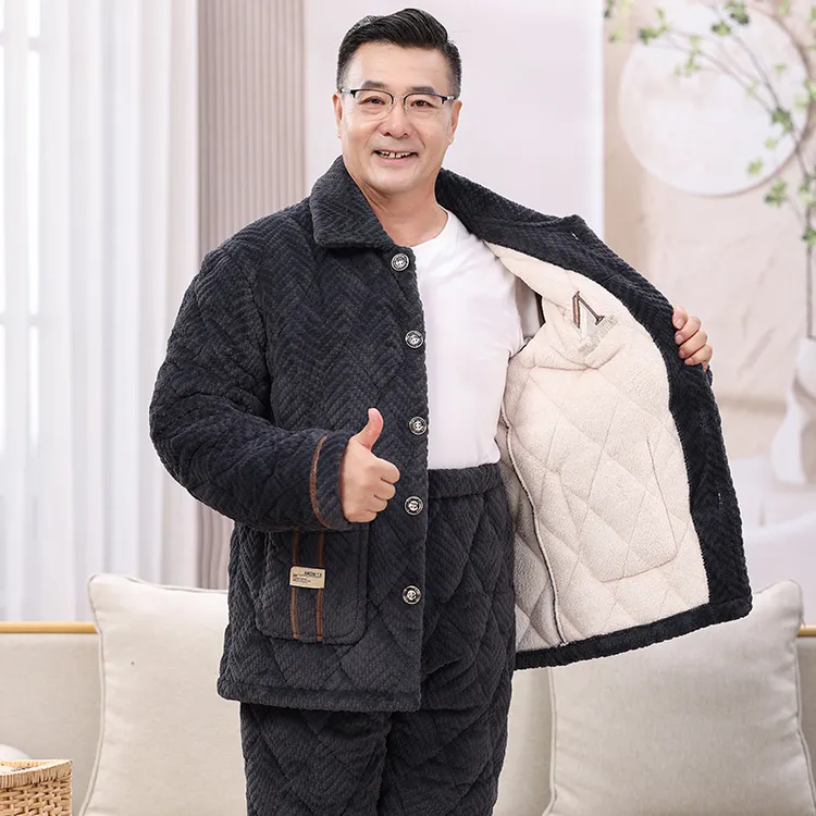中老年睡衣男士装冬季珊瑚绒爸爸加绒保暖三层加厚棉袄套装家居服