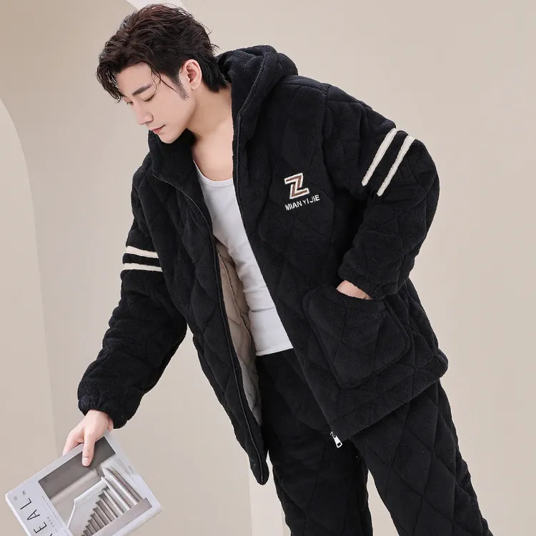 睡衣男士冬季珊瑚绒加厚加绒秋冬款天青年三层夹棉连帽家居服套装